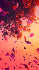 A tree with pink leaves is blowing in the wind. The leaves are scattered all over the ground, creating a beautiful and serene scene. Concept of calm and tranquility