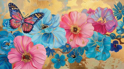 Lovely antiquated wall art with vast pink and blue flowers and butterflies over a blue backdrop, symbolic of antique analog wallpaper and space, Generative AI. - obrazy, fototapety, plakaty