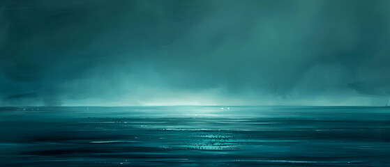 A painting of a blue ocean with a stormy sky. The mood of the painting is calm and peaceful, despite the stormy sky