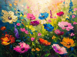 Oil painted summer garden in abstract, palette knife style, with charming, colorful flowers, on a vivid canvas, enhanced by dynamic lighting and bright highlights