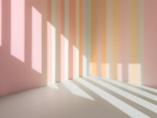 A room with a pink wall and a white stripe. The room is empty and has a very bright and cheerful atmosphere