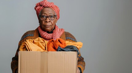 african american woman volunteer holds a box of clothes for charity. Humanitarian assistance to refugees. disaster relief. flea market or second hand shop. Commercial photography, free space for text