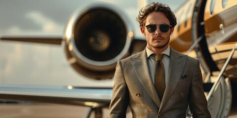 Stylish businessman exiting a private jet. As he descends from the private jet, the wind playfully ruffles his hair, adding a touch of charm to his already debonair appearance. - obrazy, fototapety, plakaty