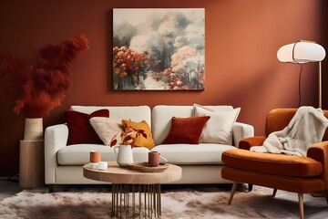 Stylish Interior Design: Contemporary Living Room with Chocolate Brown Sofa and White Accent Chair