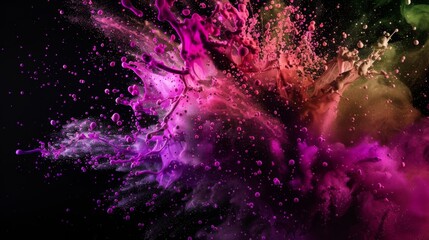 Splashes of vivid purples pinks and greens create an explosion of color on a black backdrop.