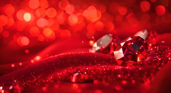 Bright ruby gems on a blurred red velvet, luxurious depth