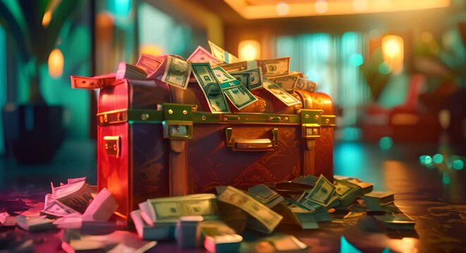 A 3D briefcase overflowing with colorful currency notes, illustrate style, on a blurred luxury office background