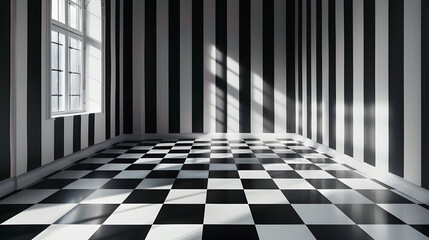 A room with black and white stripes on the walls and a checkered floor. The room is empty and has a very minimalistic feel to it - obrazy, fototapety, plakaty