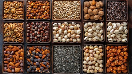 A wooden box comprised of a grid of distinctly sized mixed nuts as the backdrop overhead view assorted items over small boxes and space, Generative AI.