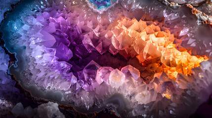 A large crystal formation with purple, orange and white colors