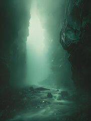 Obraz premium A dark cave with a stream of water running through it