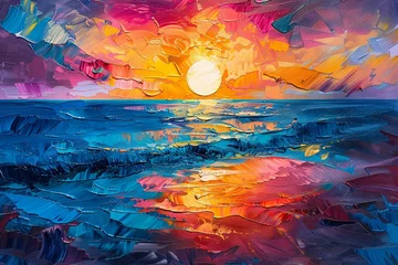 Foto op Canvas Summerstyle abstract of a paradise beach at sunset, palette knife oil painting, on a richly colored background with dynamic lighting © Thanadol