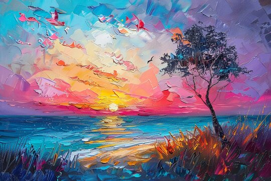 Palette knife oil painting, abstract paradise beach at sunset, vibrant summer colors, on a dynamic background with intense, dramatic lighting