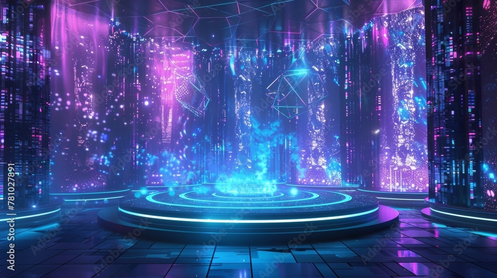 Poster against a backdrop of intricate constantly shifting patterns a modern podium glows with holographic 