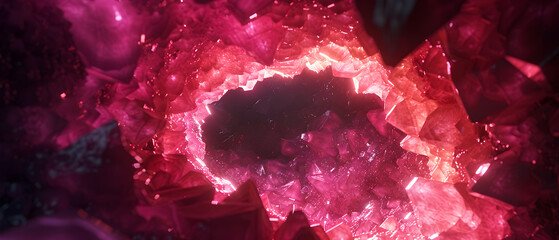 A large pink crystal with a hole in the middle. The crystal is surrounded by smaller pink crystals - obrazy, fototapety, plakaty
