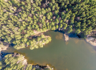 Spring or autumn lake in forest. Aerial view of lake in spring or autumn