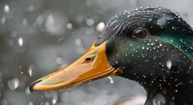 Close-up of a duck's beak and feathers, with water droplets and a blurred lake scene