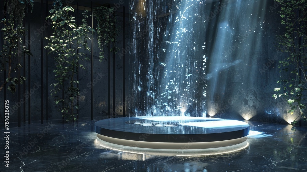 Poster step into a world of wonder and magic with this intriguing mirrored waterfall podium. the shimmering
