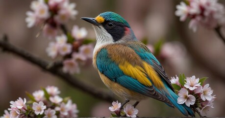 Fototapeta premium Colorful Bird. Songbird in Cherry Blossoms