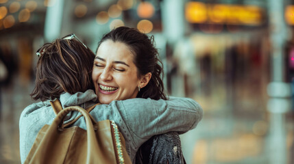 Joyful reunion of two women embracing. Expressing happiness in a public setting - obrazy, fototapety, plakaty