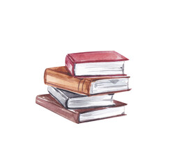 Watercolor illustration with a stack of old vintage books. Hand-drawn illustration on a transparent background