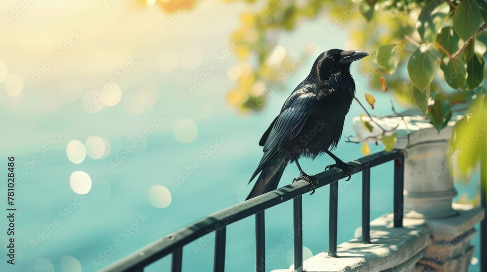 Canvas Prints bird perched on railing near water