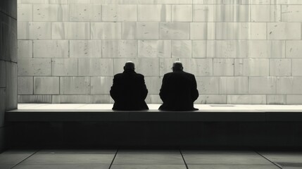Two figures sit side by side on a bench backs turned as they engage in a deep conversation. From the expressions on faces . . - obrazy, fototapety, plakaty
