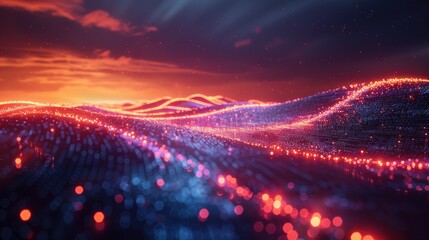 Digital illustration of vibrant orange and purple data waves pulsating through a dynamic, virtual...
