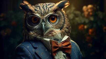 Foto auf Alu-Dibond Visualize a sophisticated owl in a tailored vest, complete with a silk bow tie and spectacles. Against a backdrop of ancient trees, it exudes wisdom and scholarly charm. Mood: intellectual and refined © Дмитрий Симаков