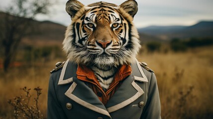 tiger in a tailored safari jacket, accessorized with a leather belt and aviator sunglasses. Amidst a backdrop of savannah plains, it exudes rugged charm and safari chic. The vibe: adventurous and styl - obrazy, fototapety, plakaty