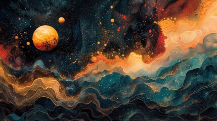 An abstract cosmic landscape painting, evoking the beauty of space with stylized planetary bodies...