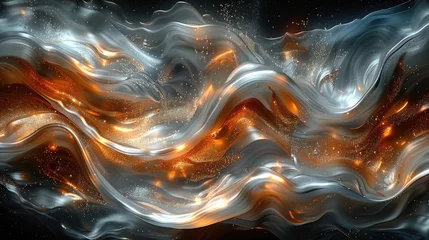 Fotobehang Abstract Liquid Gold and Silver Flow. An abstract, dynamic flow of liquid gold and silver with sparkling particles, creating a luxurious and fluid metallic texture. Generative AI © Vilaysack