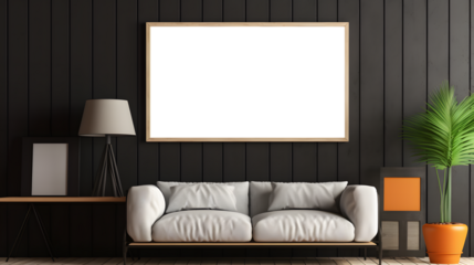 Grey gallery room interior with drawer and decoration, mockup frame on white and transparent frame