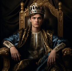 Experience regal authority in a Vintage feeling Style photo  shot of a richly garbed king seated on a throne, holding his scepter. Generative AI. - obrazy, fototapety, plakaty
