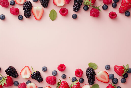 Draufsicht, Frische Sommer Beeren angeordnet als Rahmen auf rosa Hintergrund mit Kopierraum in Mitte, Konzept f&uuml;r Di&auml;t, gesunde Ern&auml;hrung im Sommer