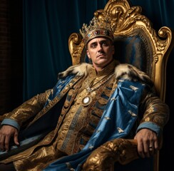 Experience regal authority in a Vintage feeling Style photo  shot of a richly garbed king seated on a throne, holding his scepter. Generative AI.