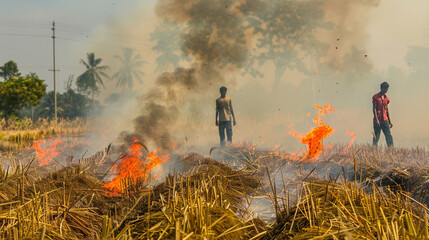 Indian farmers setting fire in the dry paddy field.