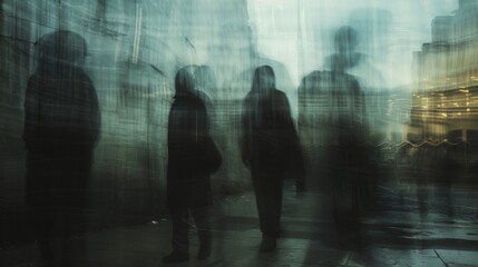 A group of blurred figures facing away from the camera their dark silhouettes merging with the muted tones of the faded building behind . .