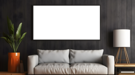 Grey gallery room interior with drawer and decoration, mockup frame on white and transparent frame