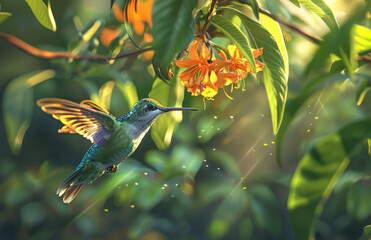 Obraz premium A hummingbird hovering near an orange flower, with its iridescent plumage and long beak in focus against the blurred background of green leaves and other flowers