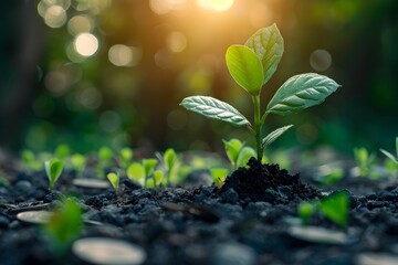Sustainable Growth and Eco-Friendly Financial Investments - Young Plant Sprouting from Coins in Soil Symbolizing Renewable and Profitable Futures