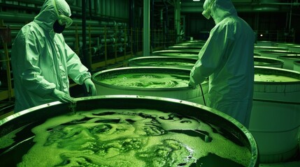 Workers clad in protective gear monitor large vats of algae carefully extracting oils that will be used to produce clean and efficient biofuels. .