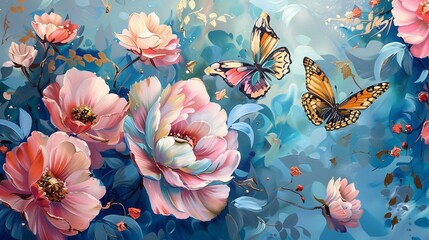 Lovely antiquated wall art with vast pink and blue flowers and butterflies over a blue backdrop, symbolic of antique analog wallpaper and space, Generative AI.