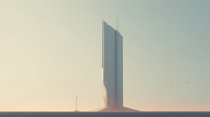 Majestic Futuristic Geometric Tower Stands Tall Against Serene Backdrop Exuding Elegant Minimalist Design