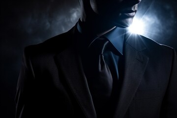 A mysterious silhouette of a person in a suit stands tall in a dimly lit room, exuding an aura of intrigue and sophistication.