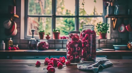 Homemade dessert of canned raspberries in a glass jar on a wooden table. A tantalizing treat...