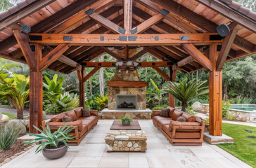 Fototapeta na wymiar A wooden gable roof gazebo with beams, large stone fireplace and seating area for outdoor living space in the backyard of an American home
