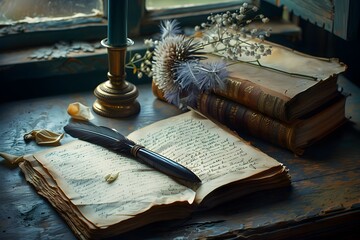 Vintage Scene of Writing Poetry and Self-Expression through Thoughtful Crafting of Verses - obrazy, fototapety, plakaty