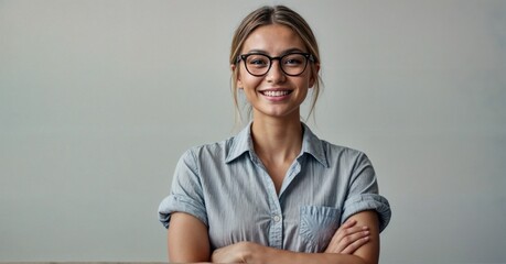 Happy millennial business woman in glasses posing with hands folded isolated on white, looking at camera, smiling. Confident female customer, young student girl, professional head shot portrait 