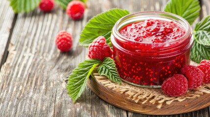 Homemade dessert of canned raspberries in a glass jar on a wooden table. A tantalizing treat, the...